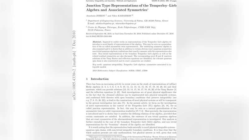 Junction type representations of the Temperley-Lieb algebra and   associated symmetries
