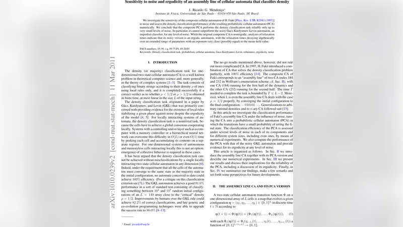 Sensitivity to noise and ergodicity of an assembly line of cellular   automata that classifies density
