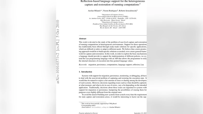 Reflection-based language support for the heterogeneous capture and   restoration of running computations