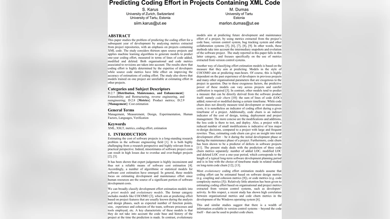 Predicting Coding Effort in Projects Containing XML Code