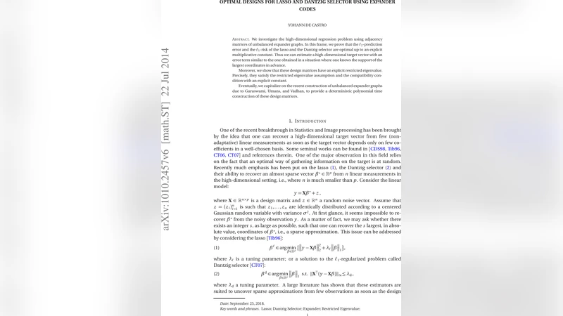Optimal designs for Lasso and Dantzig selector using Expander Codes