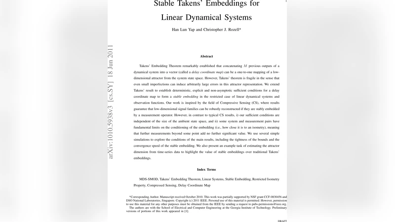 Stable Takens Embeddings for Linear Dynamical Systems