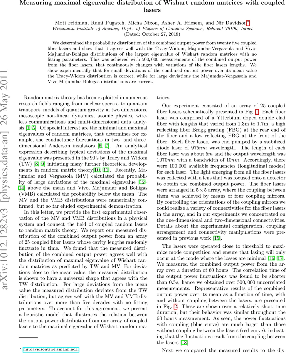Measuring maximal eigenvalue distribution of Wishart random matrices   with coupled lasers