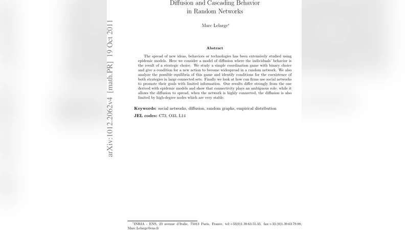 Diffusion and Cascading Behavior in Random Networks