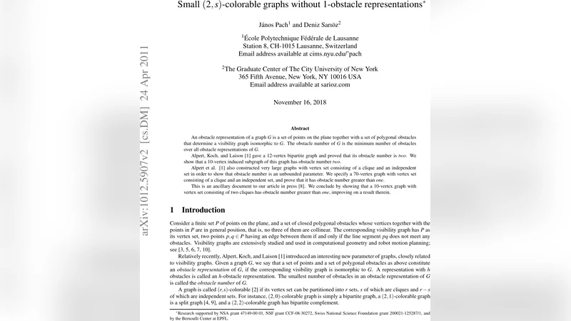 Small (2,s)-colorable graphs without 1-obstacle representations