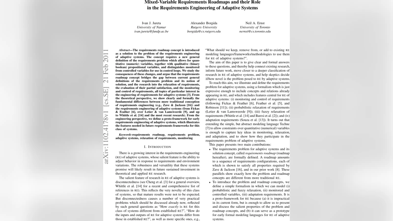 Mixed-Variable Requirements Roadmaps and their Role in the Requirements   Engineering of Adaptive Systems