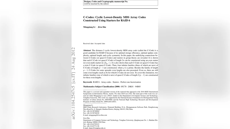 C-Codes: Cyclic Lowest-Density MDS Array Codes Constructed Using   Starters for RAID 6