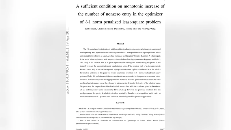 A sufficient condition on monotonic increase of the number of nonzero   entry in the optimizer of L1 norm penalized least-square problem