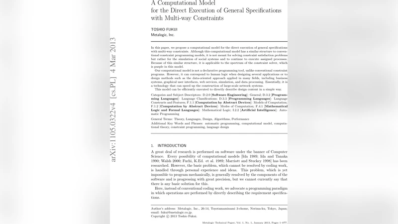 A Computational Model for the Direct Execution of General Specifications   with Multi-way Constraints