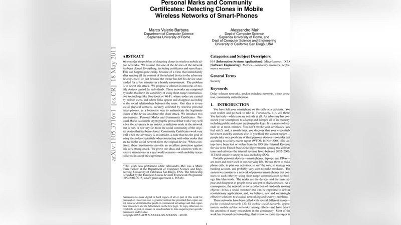 Personal Marks and Community Certificates: Detecting Clones in Mobile   Wireless Networks of Smart-Phones