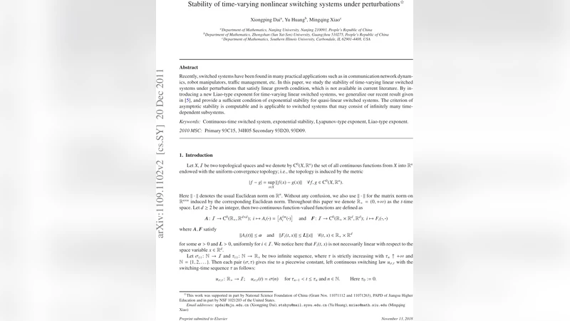 Stability of time-varying nonlinear switching systems under   perturbations