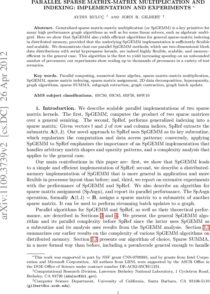 Parallel Sparse Matrix-Matrix Multiplication and Indexing:   Implementation and Experiments