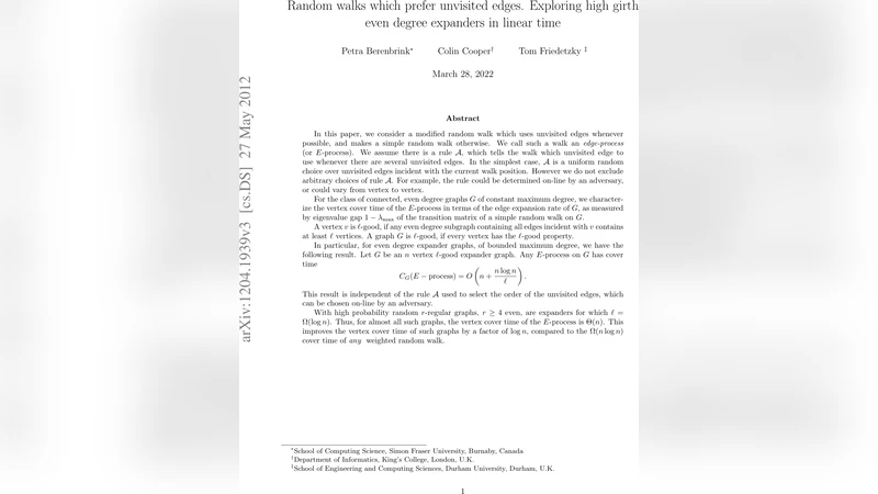 Random walks which prefer unvisited edges. Exploring high girth even   degree expanders in linear time