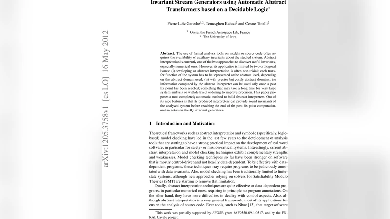 Invariant stream generators using automatic abstract transformers based   on a decidable logic