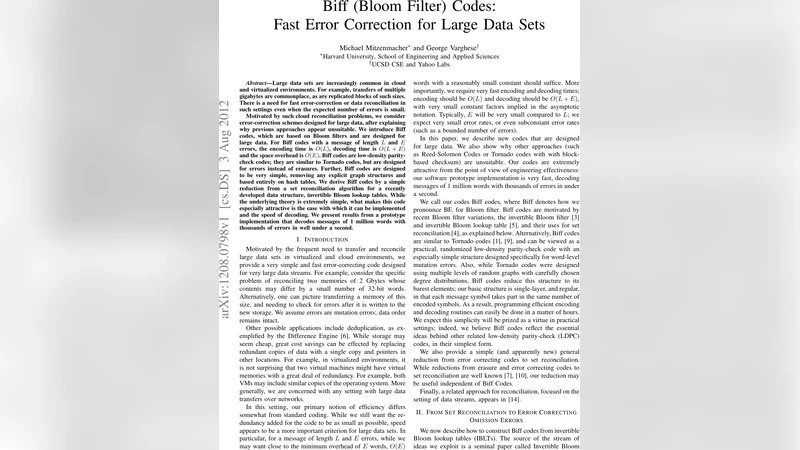 Biff (Bloom Filter) Codes : Fast Error Correction for Large Data Sets