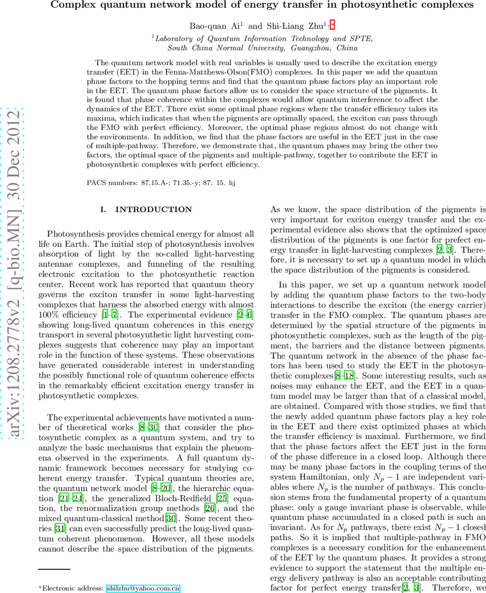 Complex quantum network model of energy transfer in photosynthetic   complexes