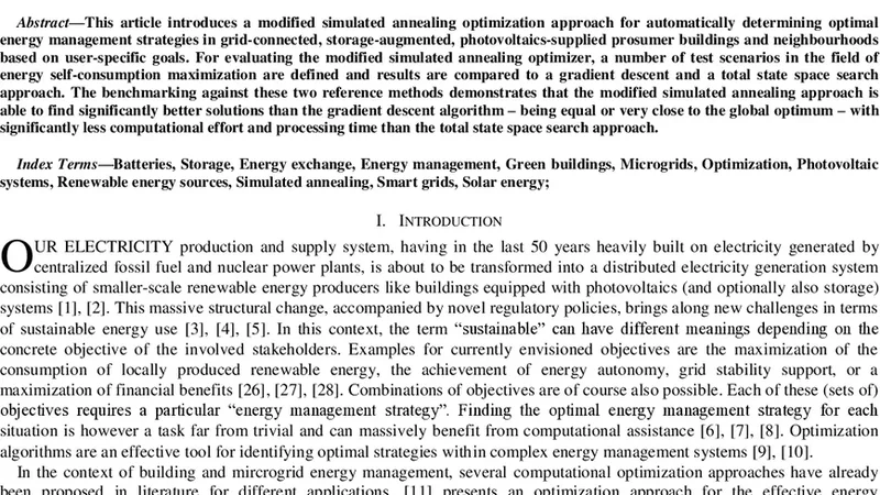 Energy Management in Storage-Augmented, Grid-Connected Prosumer   Buildings and Neighbourhoods Using a Modified Simulated Annealing   Optimization
