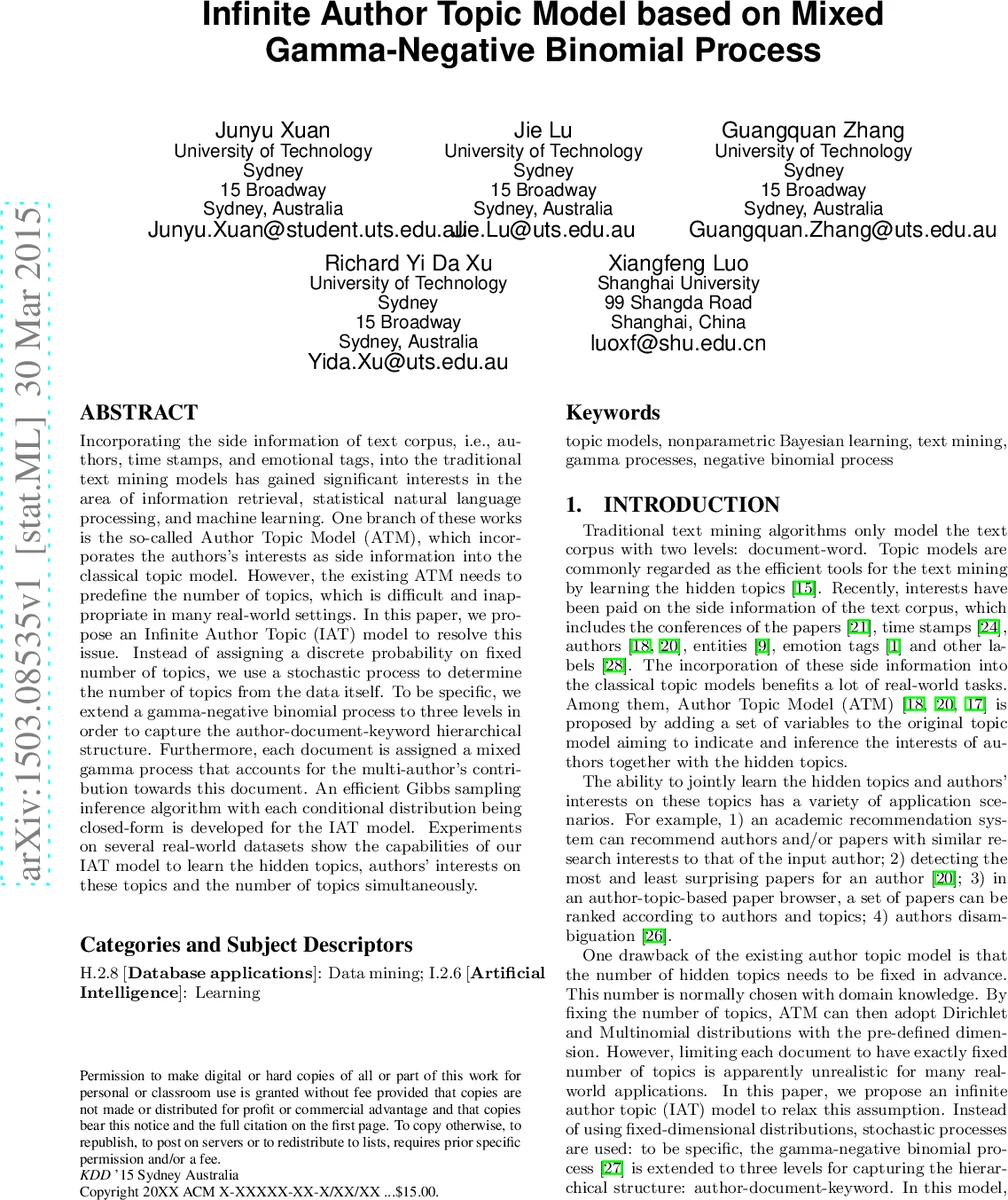 Infinite Author Topic Model based on Mixed Gamma-Negative Binomial   Process