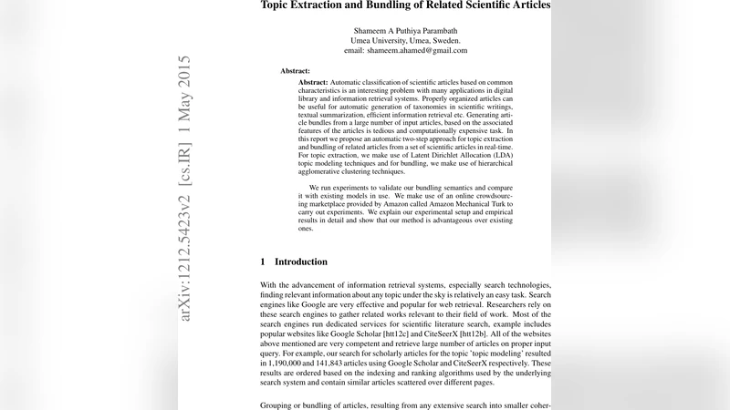 Topic Extraction and Bundling of Related Scientific Articles