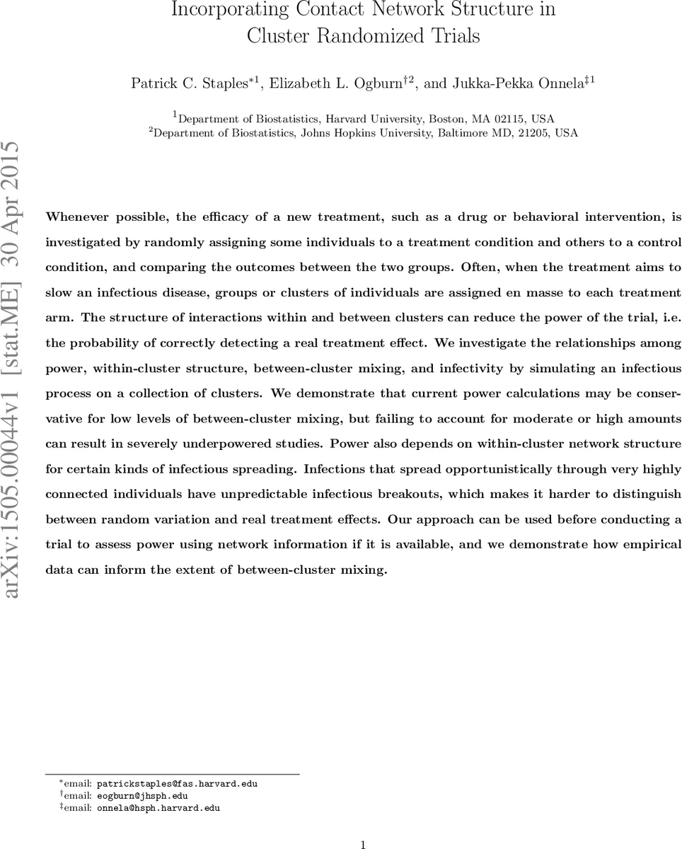 Incorporating Contact Network Structure in Cluster Randomized Trials