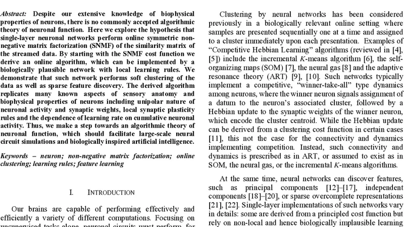 A Hebbian/Anti-Hebbian Network Derived from Online Non-Negative Matrix   Factorization Can Cluster and Discover Sparse Features