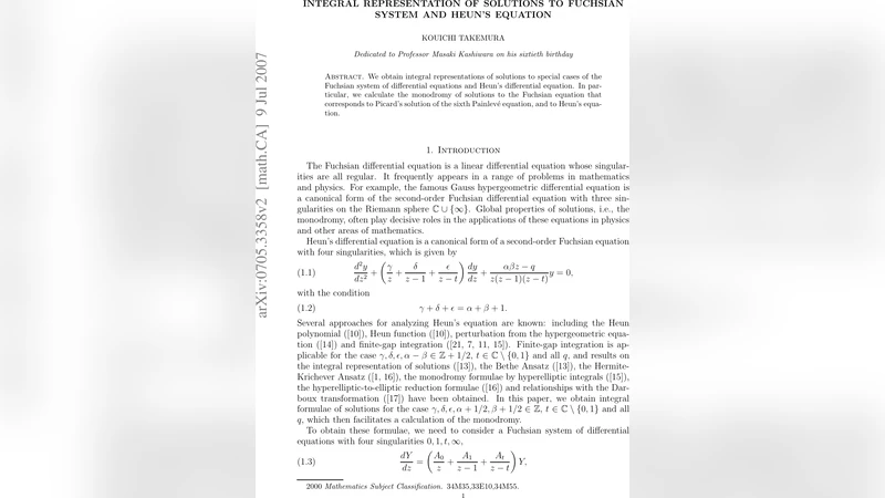 Integral representation of solutions to Fuchsian system and Heuns   equation