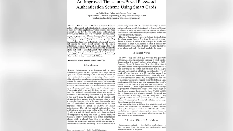 An Improved Timestamp-Based Password Authentication Scheme Using Smart   Cards