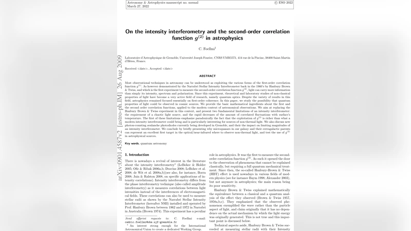 On the intensity interferometry and the second-order correlation   function $g^{(2)}$ in astrophysics