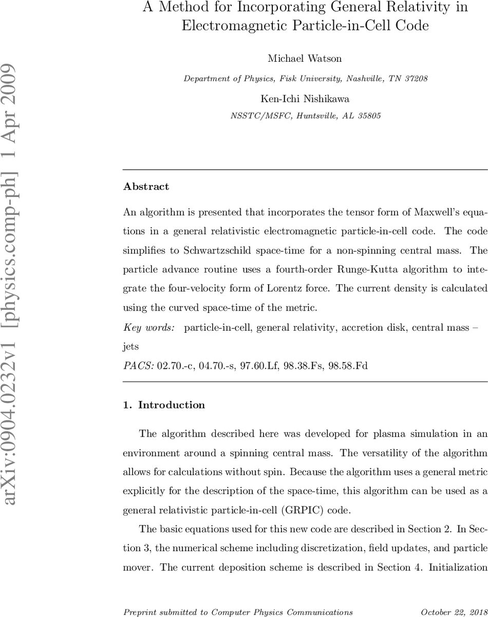 A method of incorporating general relativity in electromagnetic   particle-in-cell code
