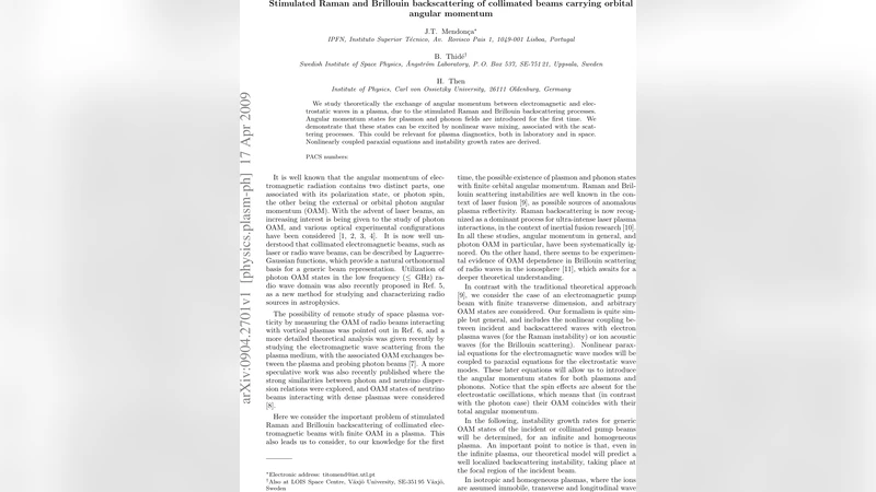 Stimulated Raman and Brillouin backscattering of collimated beams   carrying orbital angular momentum