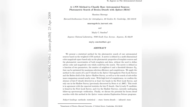 A k-NN Method to Classify Rare Astronomical Sources: Photometric Search   of Brown Dwarfs with Spitzer/IRAC