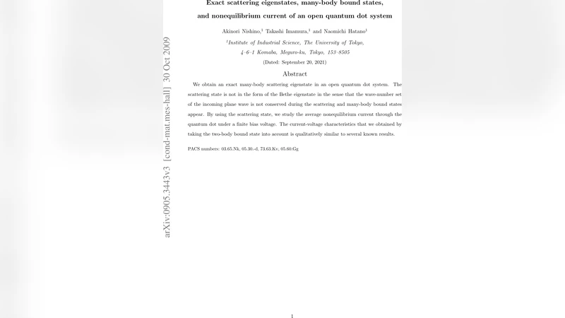 Exact scattering eigenstates, many-body bound states, and nonequilibrium   current of an open quantum dot system