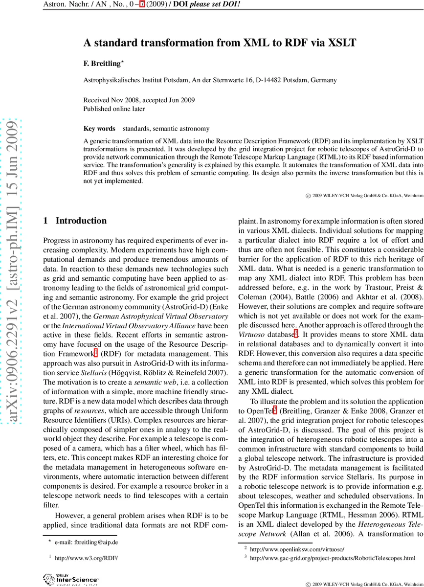 A standard transformation from XML to RDF via XSLT