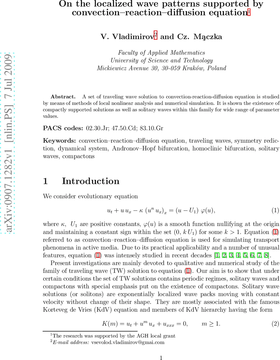 On the localized wave patterns supported by   convection-reaction-diffusion equation