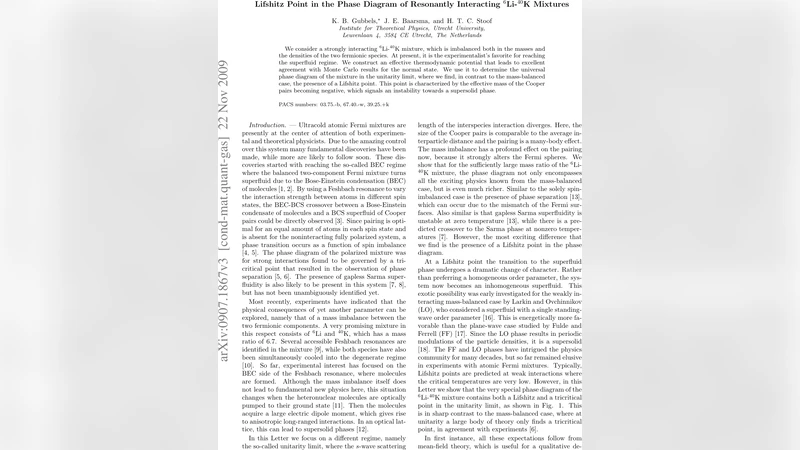 Lifshitz Point in the Phase Diagram of Resonantly Interacting   $^6Li$-$^{40}K$ Mixtures