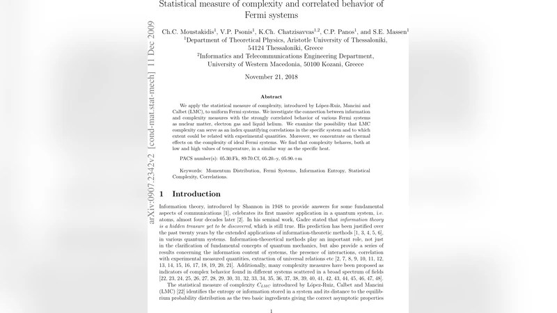 Statistical measure of complexity and correlated behavior of Fermi   systems