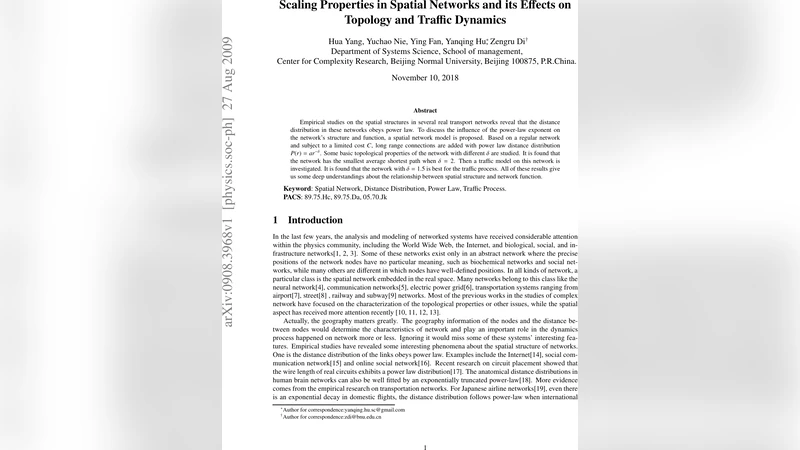 Scaling properties in spatial networks and its effects on topology and   traffic dynamics