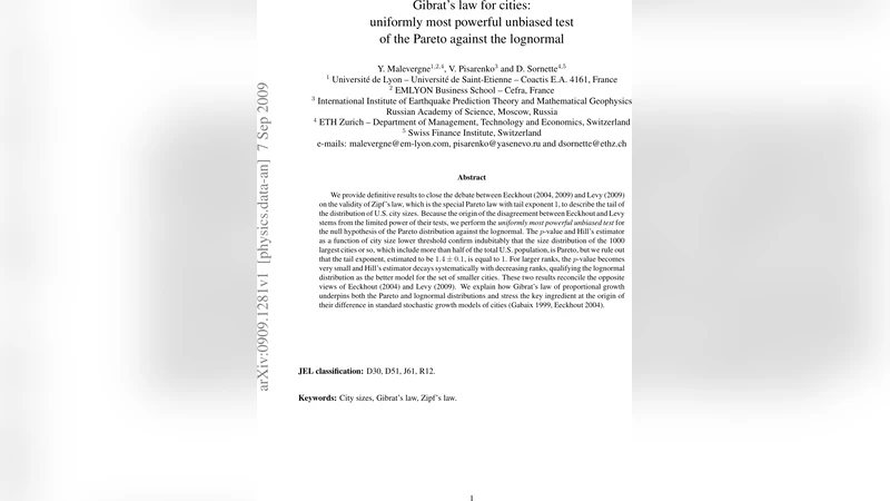 Gibrats law for cities: uniformly most powerful unbiased test of the   Pareto against the lognormal