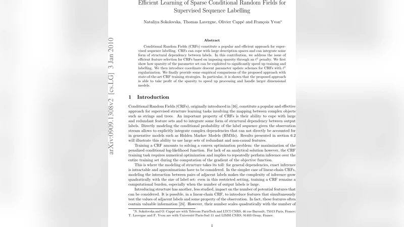 Efficient Learning of Sparse Conditional Random Fields for Supervised   Sequence Labelling