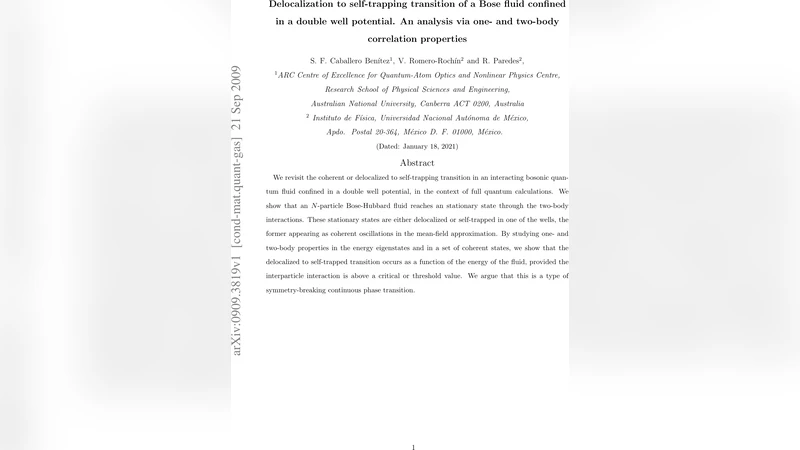 Delocalization to self-trapping transition of a Bose fluid confined in a   double well potential. An analysis via one- and two-body correlation   properties