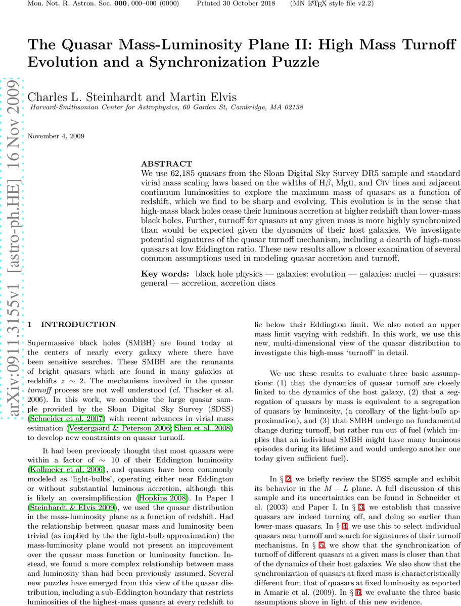 The Quasar Mass-Luminosity Plane II: High Mass Turnoff Evolution and a   Synchronization Puzzle