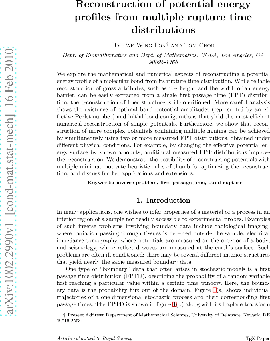Reconstruction of potential energy profiles from multiple rupture time   distributions