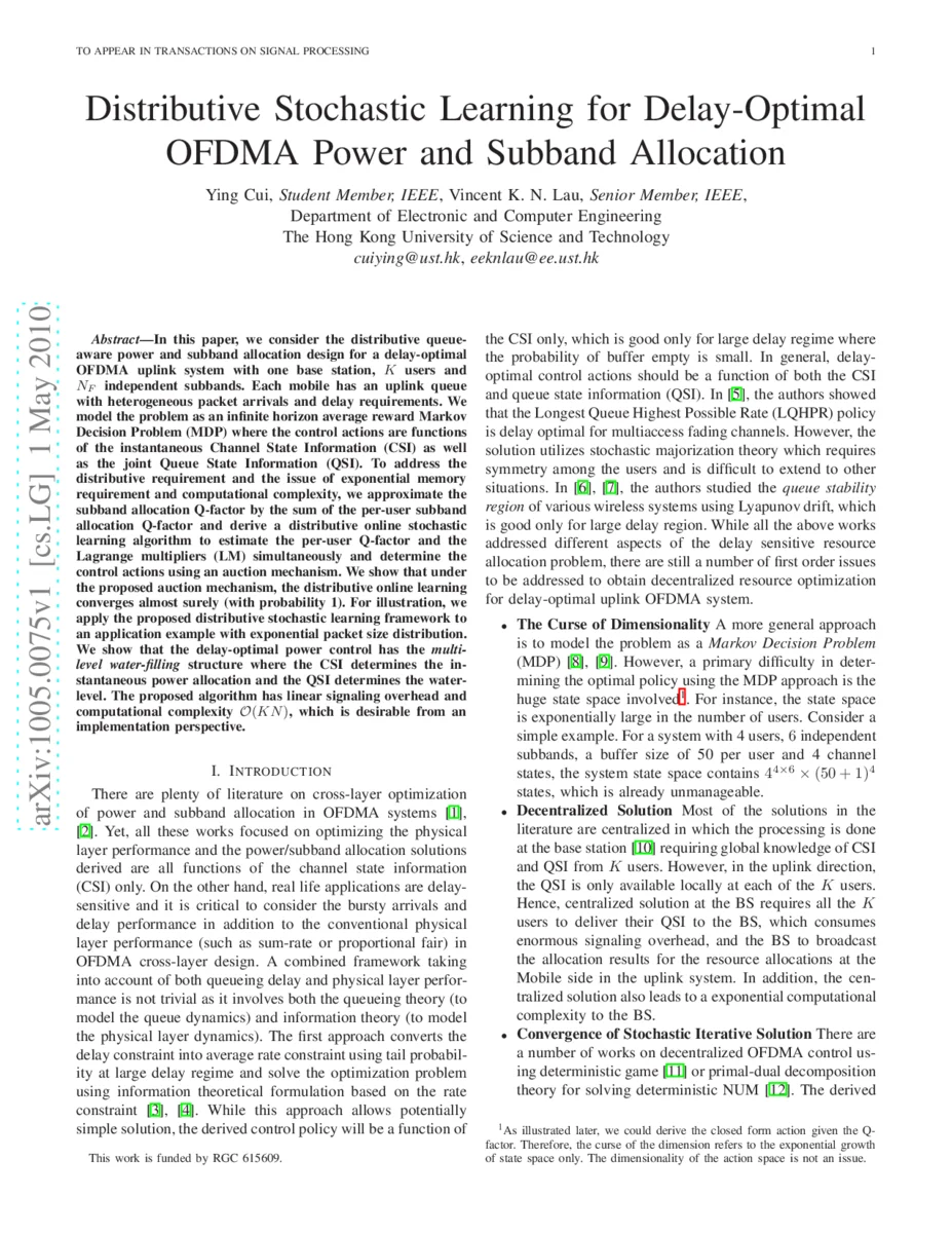 Distributive Stochastic Learning for Delay-Optimal OFDMA Power and   Subband Allocation