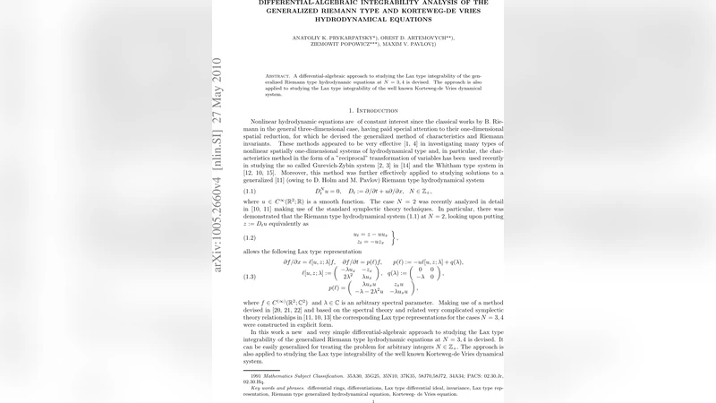 Differential-Algebraic Integrability Analysis of the Generalized Riemann   Type and Korteweg-de Vries Hydrodynamical Equations