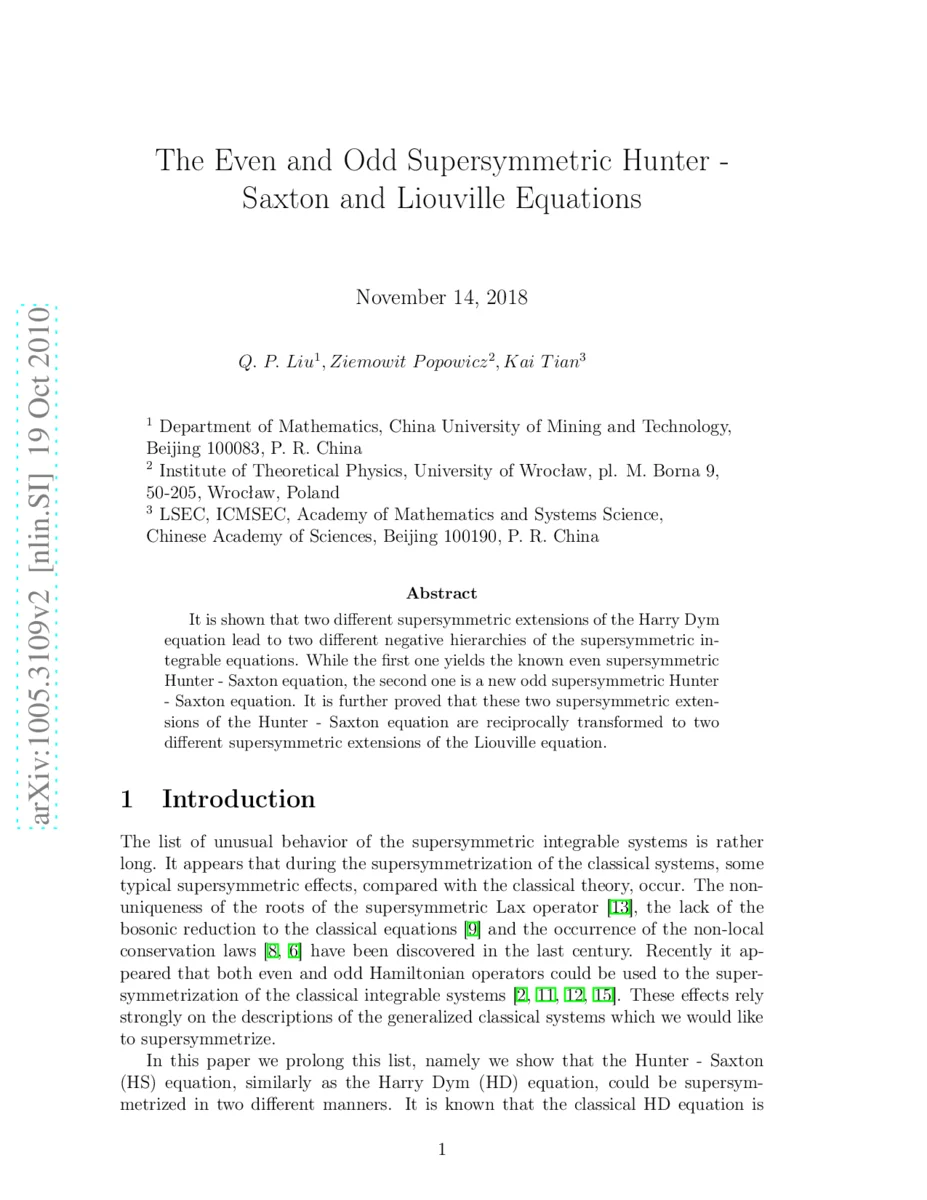 The Even and Odd Supersymmetric Hunter - Saxton and Liouville Equations