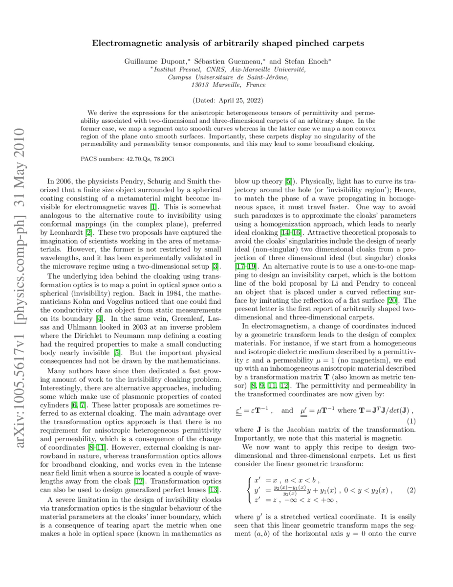 Electromagnetic analysis of arbitrarily shaped pinched carpets