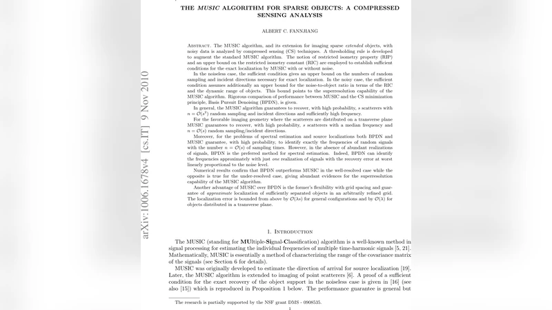 The MUSIC Algorithm for Sparse Objects: A Compressed Sensing Analysis