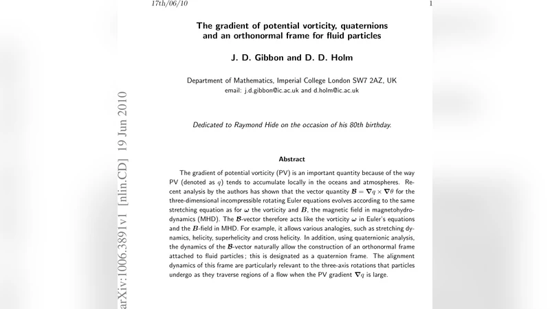 The gradient of potential vorticity, quaternions and an orthonormal   frame for fluid particles