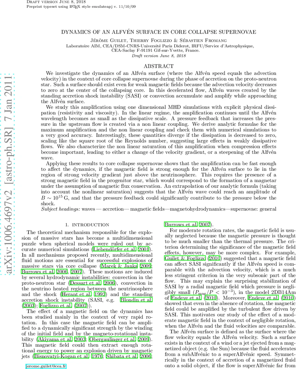 Dynamics of an Alfven surface in core collapse supernovae