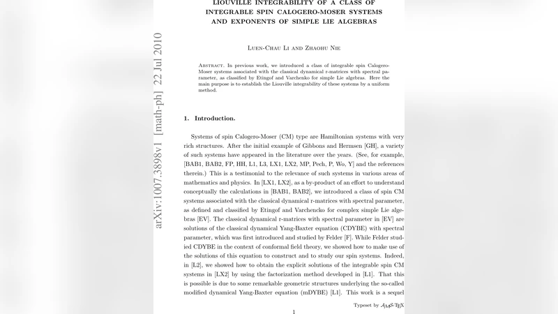 Liouville integrability of a class of integrable spin Calogero-Moser   systems and exponents of simple Lie algebras